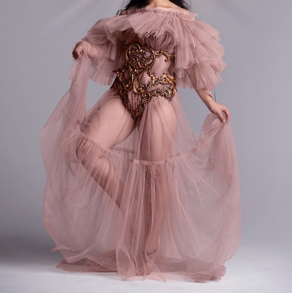 Sheer drop sleeve gown